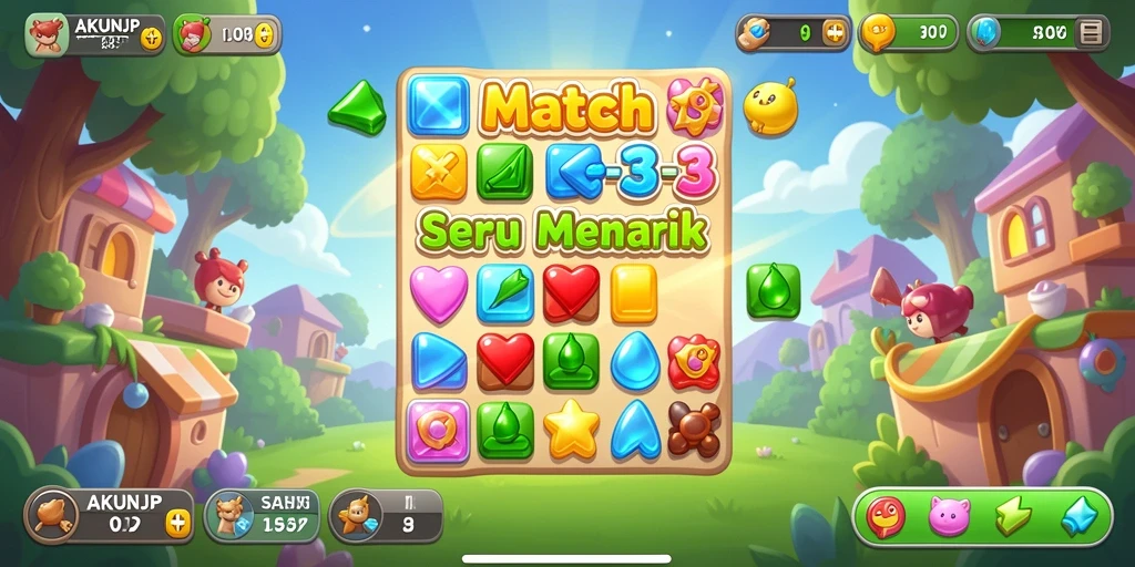 Screenshot gameplay AKUNJP menampilkan permainan Match-3 yang menyenangkan.