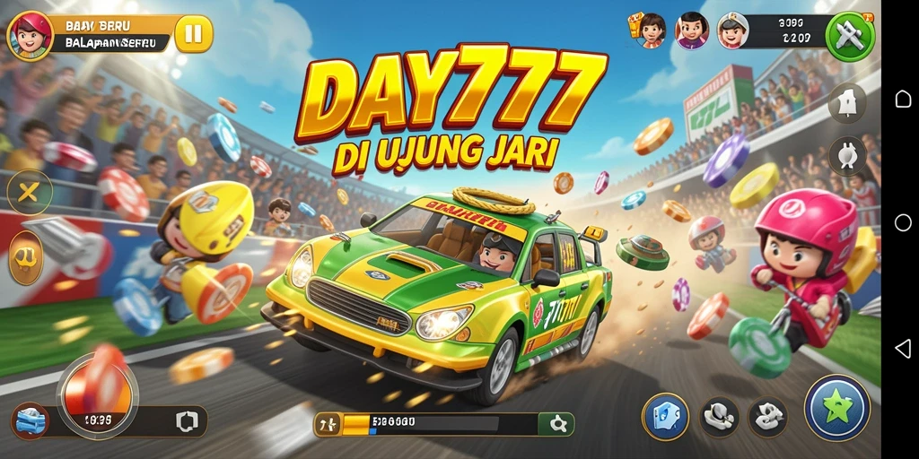 Screenshot utama DAY777 menampilkan aksi balapan yang mendebarkan.