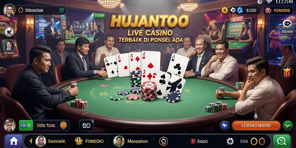 Screenshot dari gameplay HUJANTOTO menampilkan dealer langsung dan meja permainan.