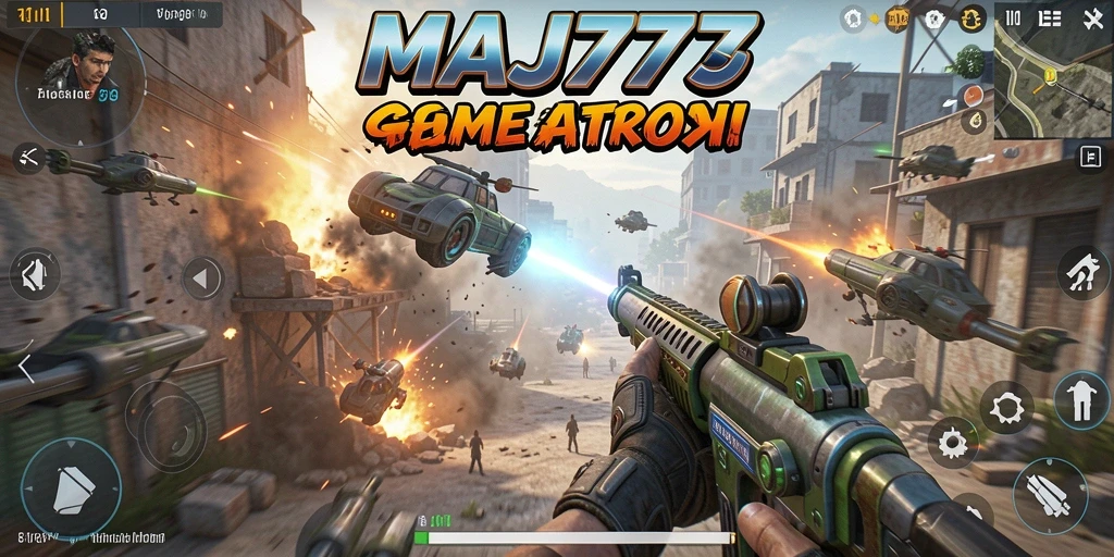 Screenshot utama MAJ777 menampilkan aksi pertempuran seru dalam game TPS.