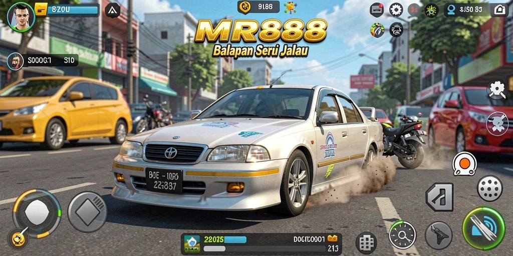 Screenshot MR888 menampilkan aksi balapan yang mendebarkan dan mobil yang terlihat hebat.