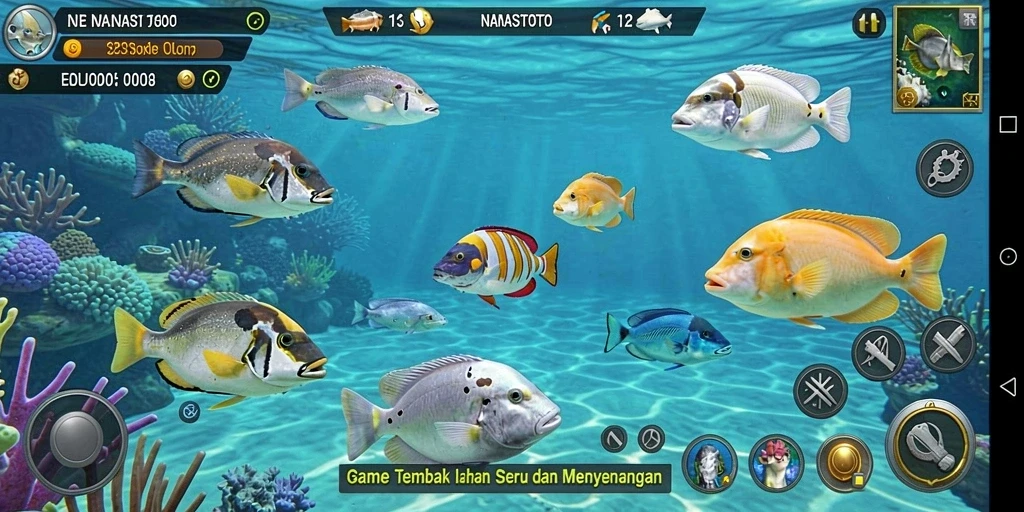 Screenshot NANASTOTO menampilkan aksi seru menembak ikan di lautan.