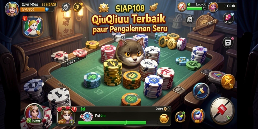Tampilan menarik gameplay QiuQiu dengan kartu dan pemain.