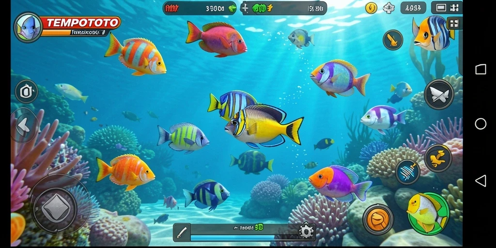 Gameplay seru TEMPOTOTO dengan berbagai ikan yang menunggu untuk ditembak.